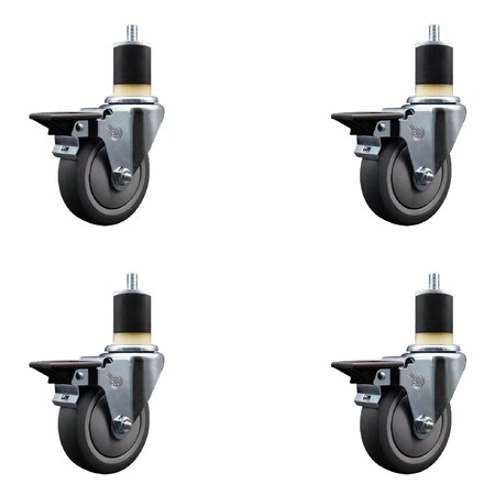 Service Caster 4'' Thermoplastic Rubber Swivel 1-7/8'' Expanding Stem Caster Set with Brake, 4PK SCC-EX20S414-TPRB-PLB-178-4
